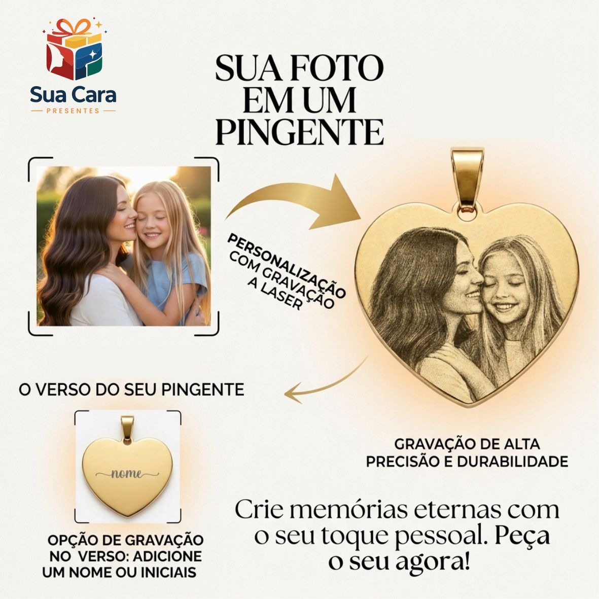 Pingente Coração Dourado Personalizado com Foto e Nome Ref. SCP-0001 - Imagem 4